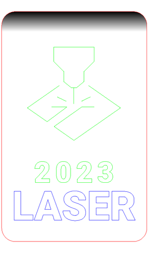 Artwork prepared for Emblaser 2 laser cutters, including cutting (red), vector engraving (green), and raster engraving (blue/greyscale). In green is an icon showing a laser beam, and the year 2023. The text "LASER" is in a blue outline. There is a greyscale gradient at the top, and a red rectangular outline with curved corners.