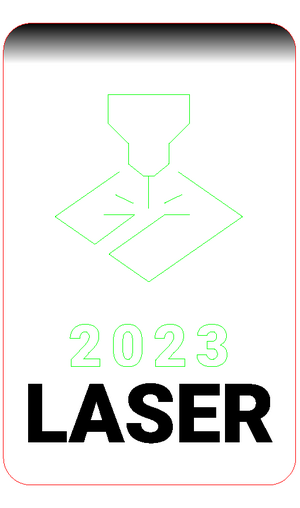 Artwork prepared for Trotec laser cutters, including cutting (red), vector engraving (green), and raster engraving (black/greyscale). In green is an icon showing a laser beam, and the year 2023. The text "LASER" is in solid black. There is a greyscale gradient at the top, and a red rectangular outline with curved corners.